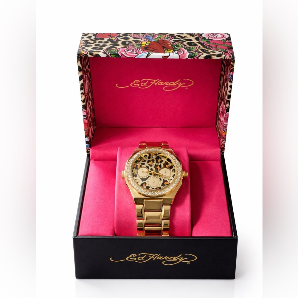 Ed Hardy Gold Tone Bracelet Watch with Leopard-Print Dial